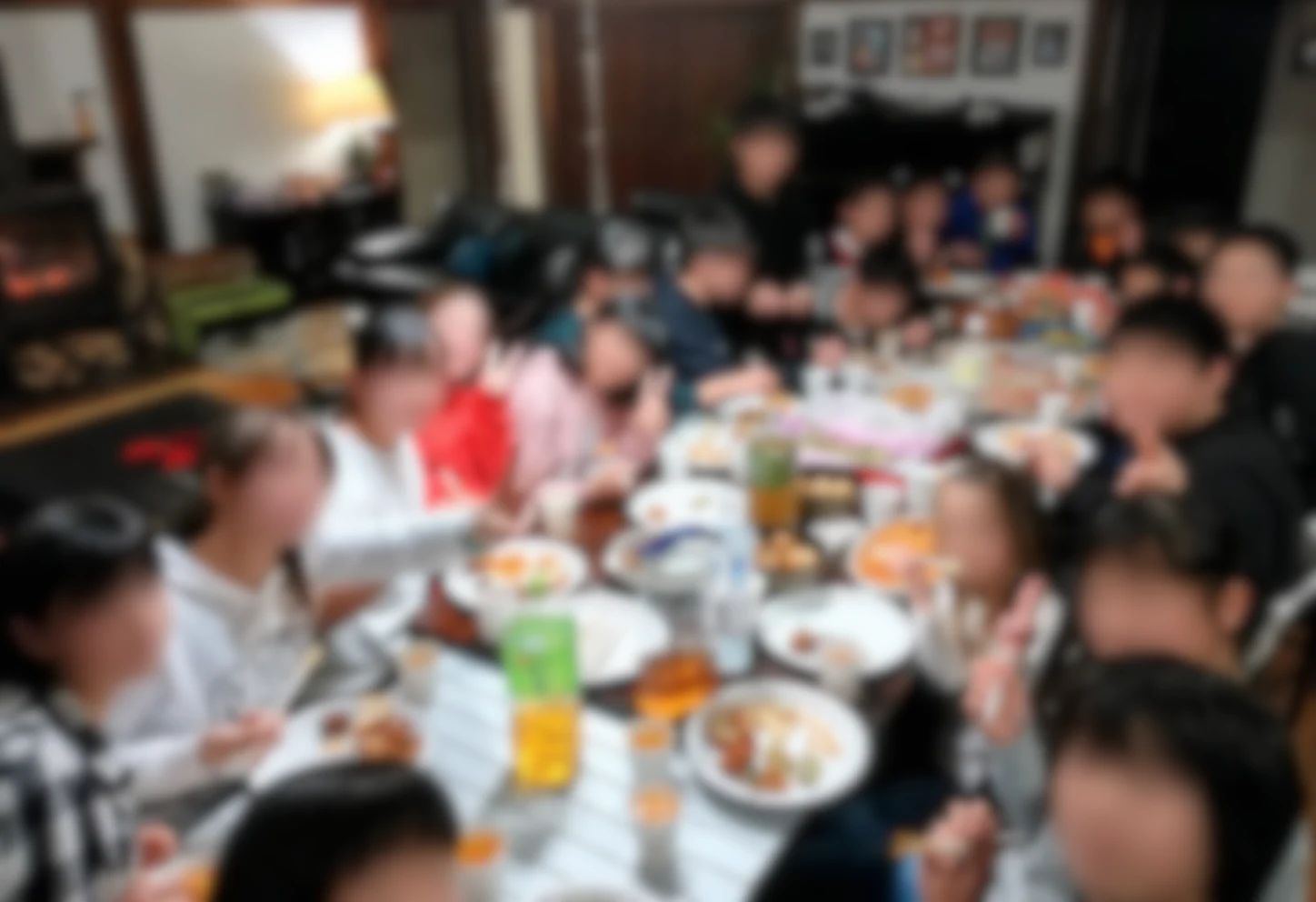 Large Christmas gathering at Rental Farmhouse Tamaki with faces blurred for privacy