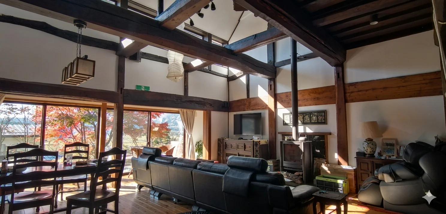 Open-plan living room at Rental Farmhouse Tamaki