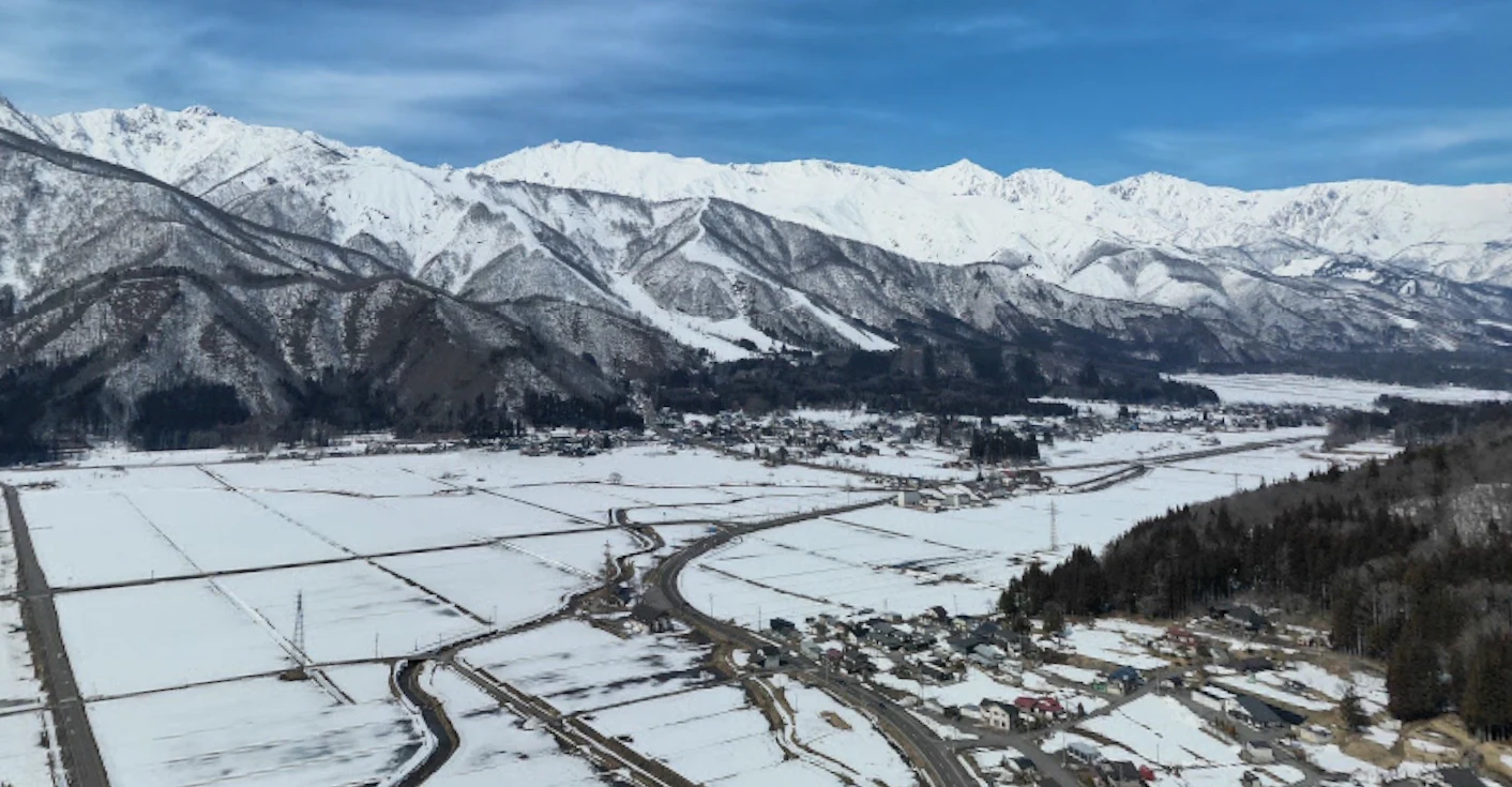 Hakuba Valley and Northern Alps viewed across the valley near Rental Farmhouse Tamaki