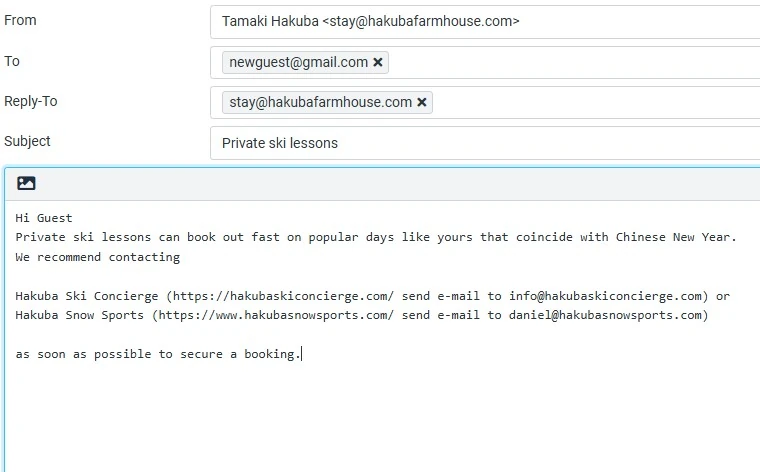 Example direct email to a Tamaki guest containing useful links and local contact details